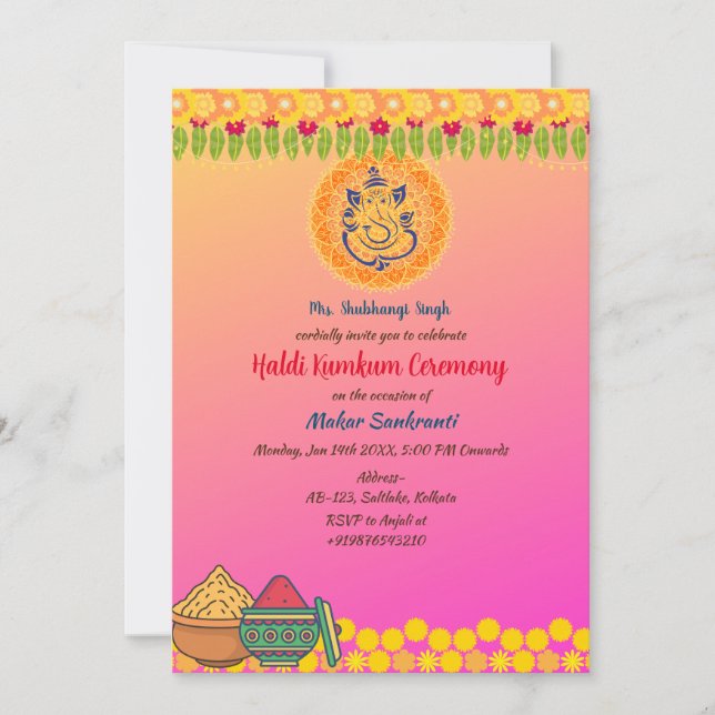 Haldi Kumkum-ceremoni Inbjudningar (Framsida)