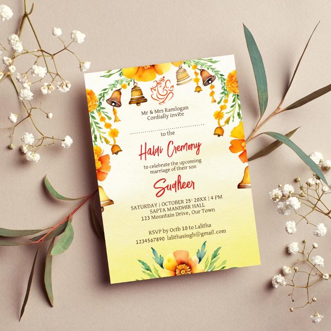 Haldi marigets och klockor indisk bröllop-mall inbjudningar (Haldi Indian wedding marigold and bells template invitation instant digital download yellow Ganesha)