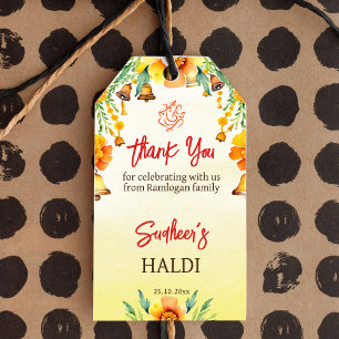 Haldi marigments klockor Indian bröllop tack Presentetikett