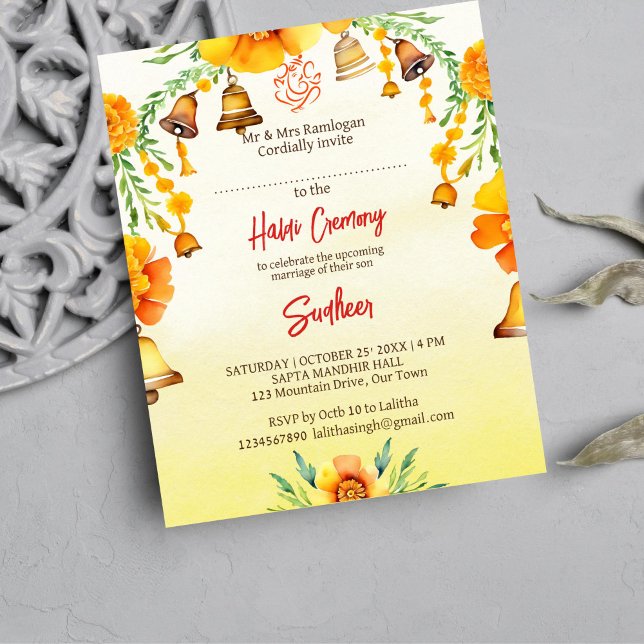 Haldi marigments klockor Indiska bröllop budget in (Haldi template invitation digital download Indian wedding whimsical bells marigolds garlands Ganesha)