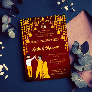 Haldi Mehndi Sangeet Indian bröllop maroon gult Inbjudningar