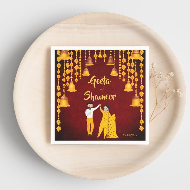 Haldi Mehndi Sangeet Indian bröllop maroon gult Pappersservett (Haldi Mehndi Sangeet Indian wedding maroon and yellow template Napkins personalized tableware decor)