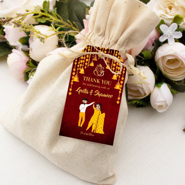 Haldi Mehndi Sangeet Indian bröllop maroon gult Presentetikett (Haldi Mehndi Sangeet Indian wedding maroon yellow thank you favor Gift Tags)