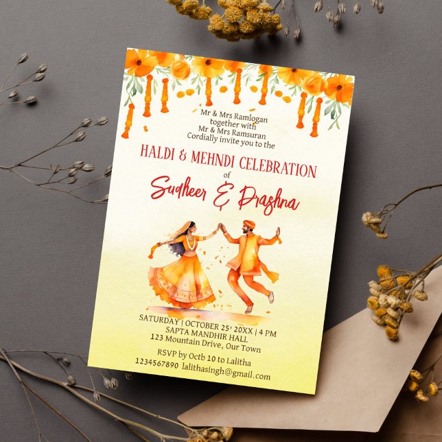 Haldi och Mehndi marigments klockor Indian bröllop Inbjudningar (Haldi mehndi Indian wedding editable template invitation instant digital download dancing couple)