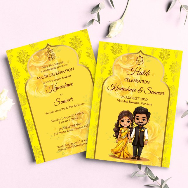 Haldi Sanget söt indisk möhippa par tecknad Inbjudningar (Haldi Mehndi Sanget Indian wedding cute Indian bridal couple cartoon Invitation template digital)