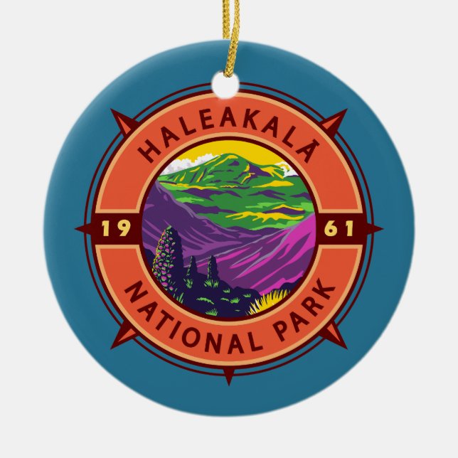 Haleakala nationalpark Retro Compass Emblem Julgransprydnad Keramik (Framsidan)