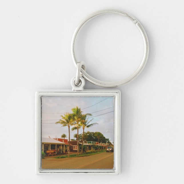 Haleiwa Surfer Town Fyrkantig Silverfärgad Nyckelring (Framsidan)