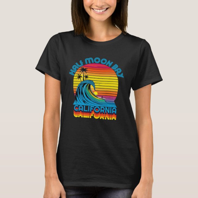 Half Moon Bay Retro Throwback Surf & Beach Souveni T Shirt (Framsida)
