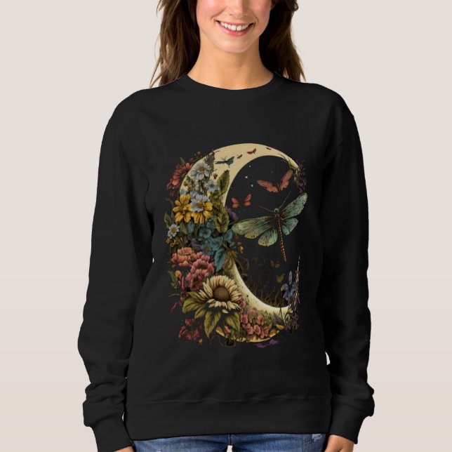 Half Moon Dragonfly Insect Hippie Colorful Flowers T Shirt (Framsida)