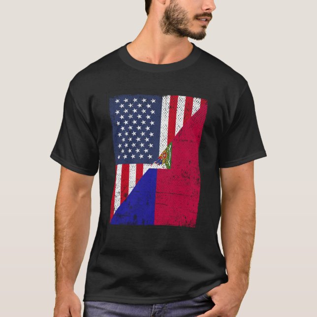 Half USA Flag Half Haiti Flag American Haitian T Shirt (Framsida)