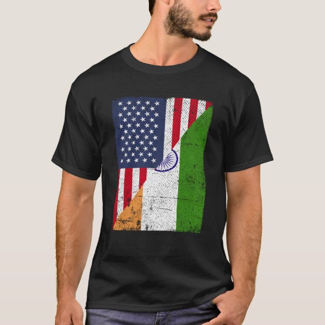 Half USA Flag Half India Flag American Indian T Shirt (Framsida)