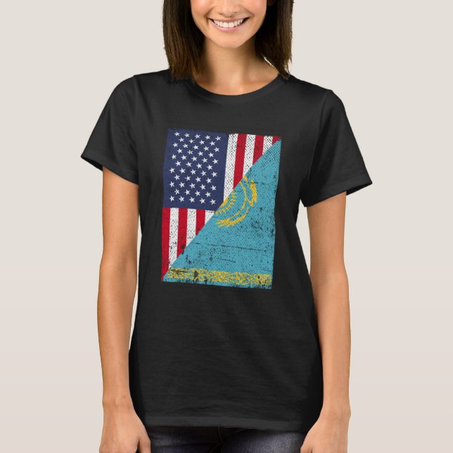 Half USA Flag Half Kazakhstan Flag American Kasach T Shirt (Framsida)