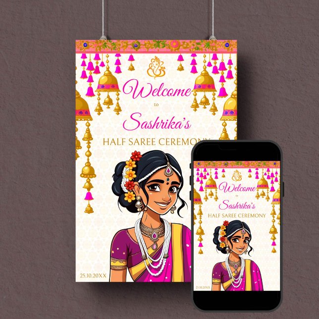 Hälften av Saree-ceremonin, söt indiansk välkomsts Poster (Half saree ceremony welcome sign poster instant download cute Indian girl cerise gold bells Ganesha)