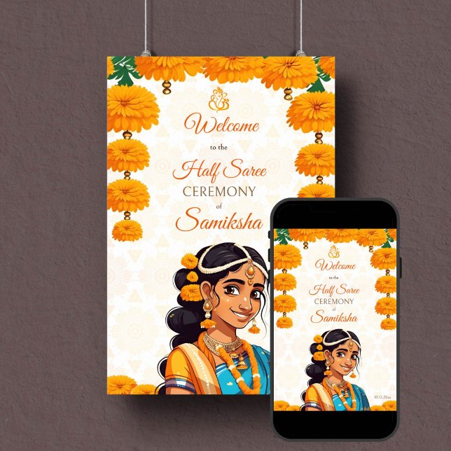 Hälften av Saree-ceremonin, söt indiansk välkomsts Poster (Half saree ceremony welcome sign poster instant download cute Indian girl in sari with marigolds)