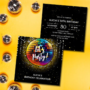 Halftone Disco Låt oss Party-födelsedagsinbjudan