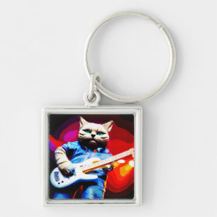 Halftone Metall Moggy Cat Guitarist i Denim Fyrkantig Silverfärgad Nyckelring