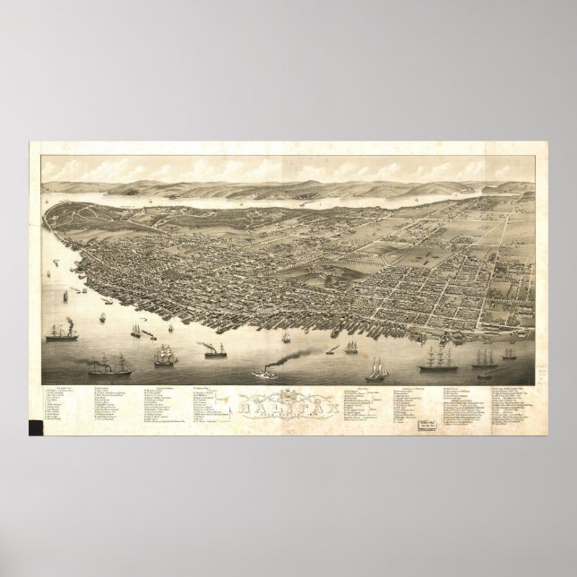 Halifax Nova Scotia 1879 Antique Panoramic Karta Poster (Framsidan)