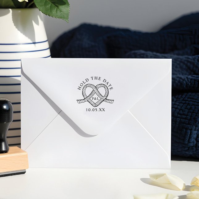 Håll Datumhjärtat i Monogram Nautical Bröllop Stämpel (Hold The Date Heart Rope Monogram Nautical Wedding Rubber Stamp)