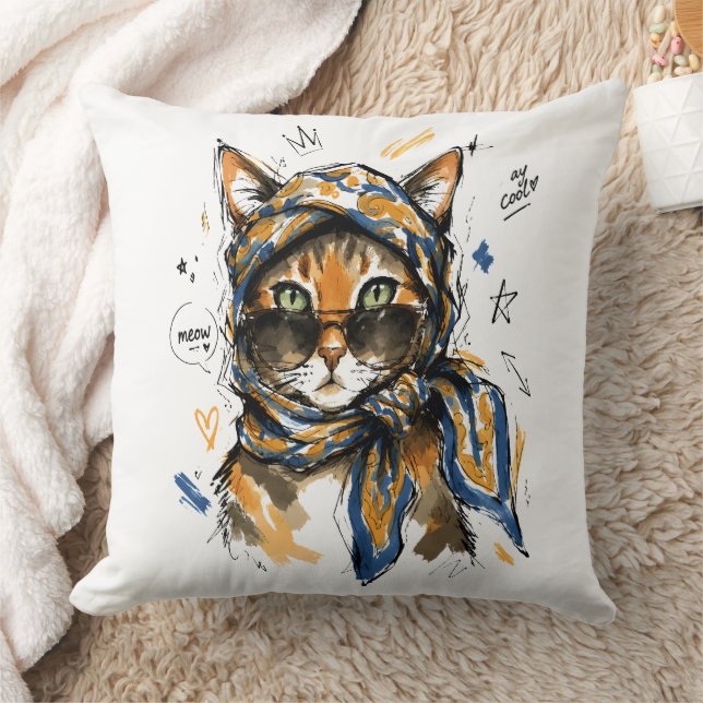 Håll dig cool katt med solglasögon & Paisley-scarf Kudde (Filt)