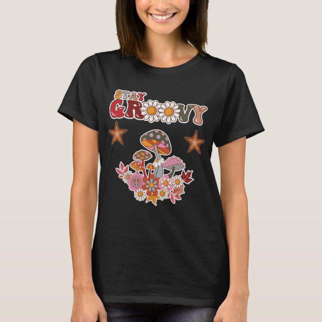 Håll dig Groovy Retro Svamp & Tusenskönsblomma Vin T Shirt (Framsida)