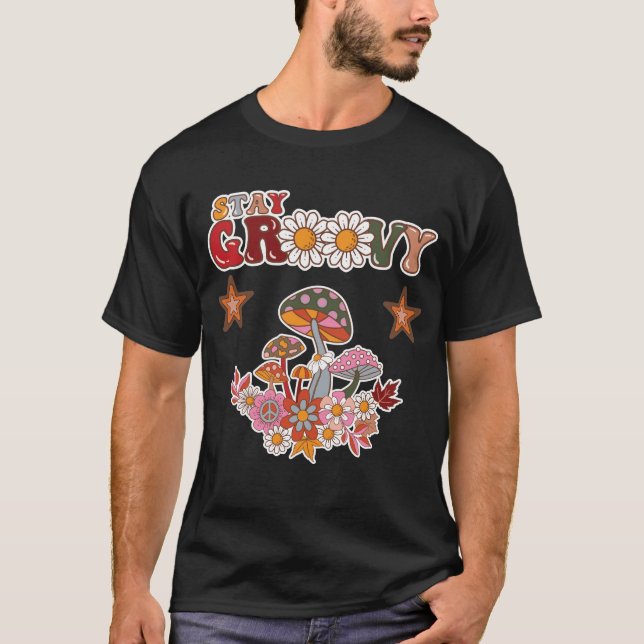 Håll dig Groovy Retro Svamp & Tusenskönsblomma Vin T Shirt (Framsida)