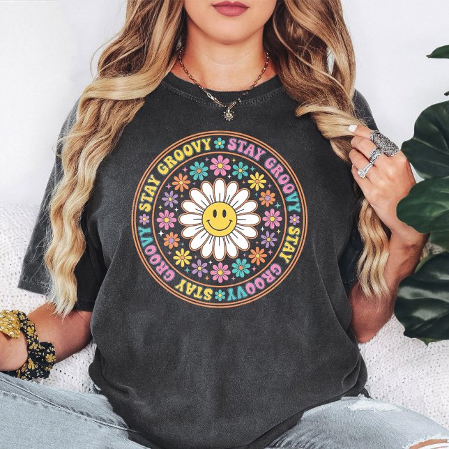 Håll dig Groovy Smiley Tusenskönor Retro Blomma T Shirt (Skapare uppladdad)