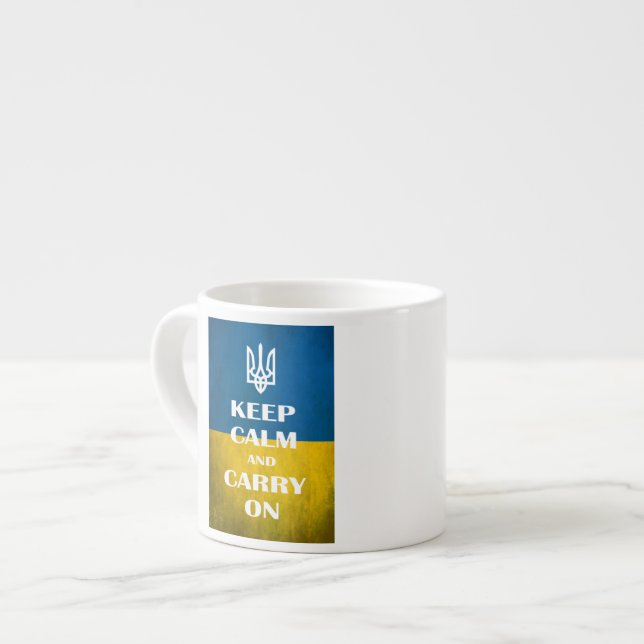 Håll dig lugn och fortsätt ukrainska emblemet trid espressomugg (Framsida vänster)