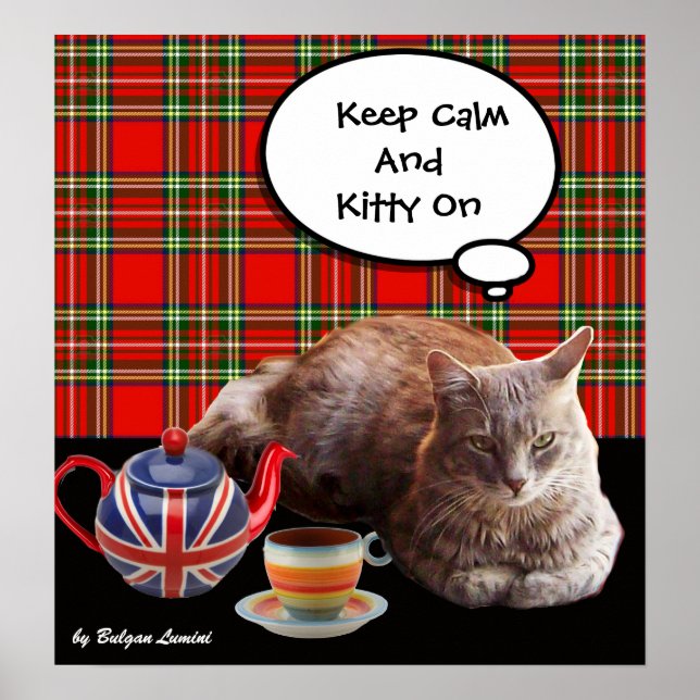 "HÅLL DIG LUGN OCH KATTEN PÅ" ,RÖD TARTAN,KATTE TE POSTER (Framsidan)