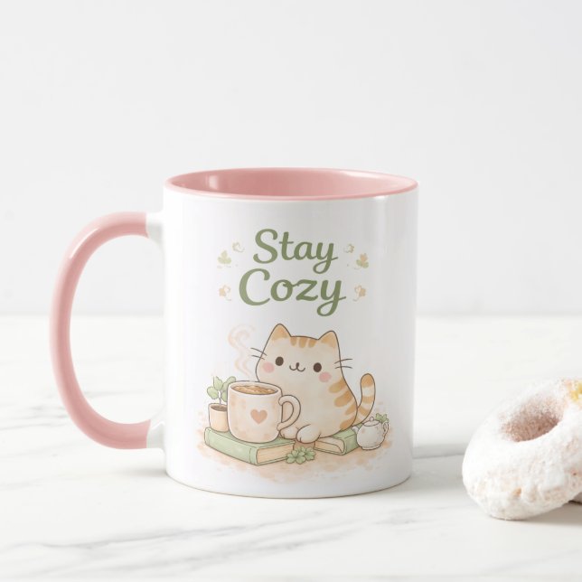 Håll dig mysig Kawaii Söt Katt Kaffe Rosa  Mugg (Med munk)