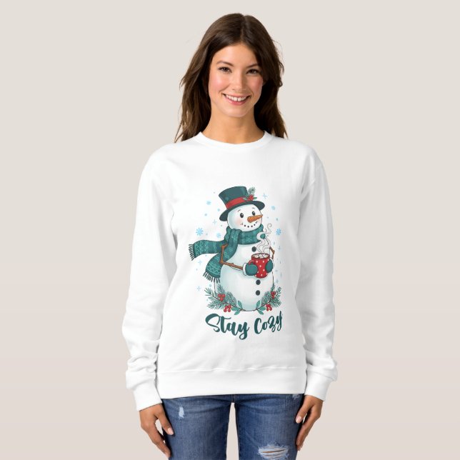 Håll dig mysig Vinter Snömannen Med Varm Choklad T Shirt (Hel framsida)