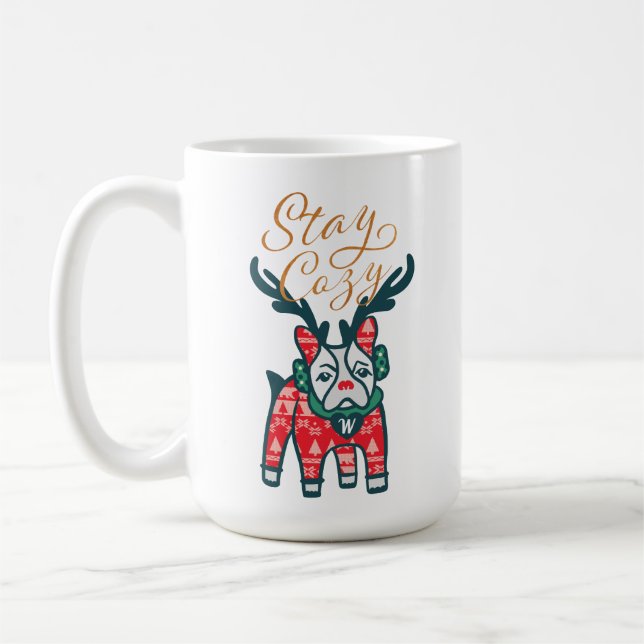 Håll dig Mysigt | Fransk Bulldog Reindeer Jul Kaffemugg (Vänster)