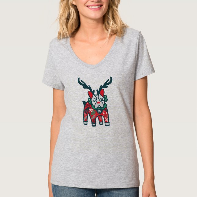 Håll dig Mysigt | Fransk Bulldog Reindeer Jul T Shirt (Framsida)