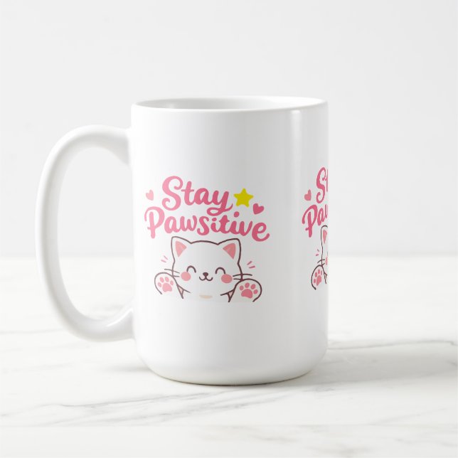 Håll dig Pawsitiv – Söt Katt Motiverande Citat Des Kaffemugg (Vänster)
