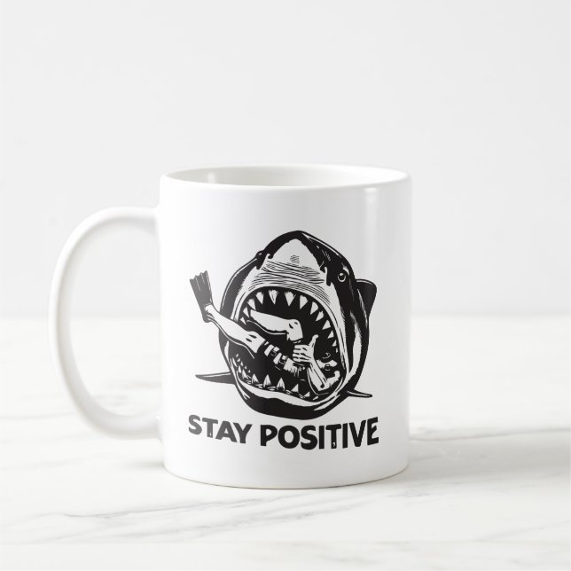 Håll dig positiv rolig hajattack kaffemugg (Vänster)