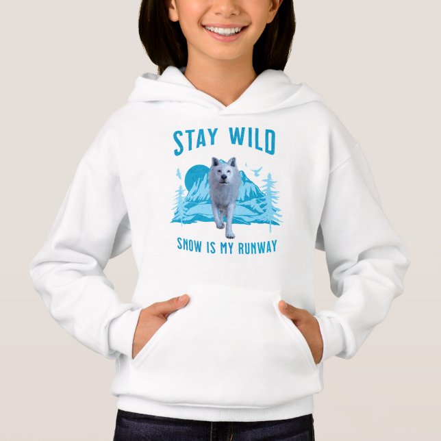 Håll dig vild Vit Varg Snö Catwalk T Shirt (Framsida)