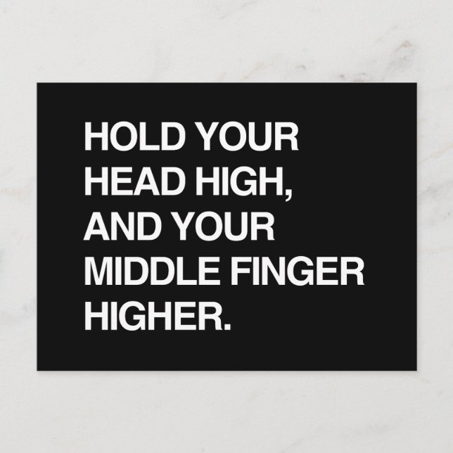 HÅLL DIN HUVUD HÖGRE OCH DIN MITTEN FINGER HÖGRE. VYKORT (Framsida)