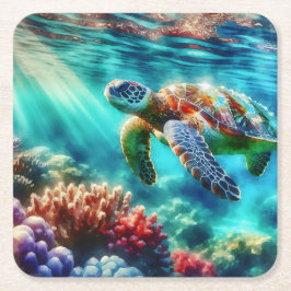 Håll i Touch | Sea Turtle Swimming Underlägg Papper Kvadrat