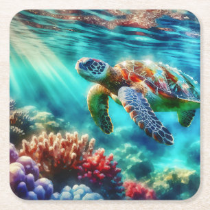 Håll i Touch Sea Turtle Swimming Underlägg Papper Kvadrat