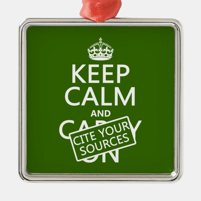 Håll lugn och citera dina källor (i någon färg) julgransprydnad metall (Framsidan)