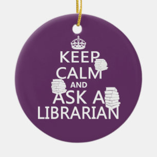 Håll lugn och fråga en bibliotekarie julgransprydnad keramik
