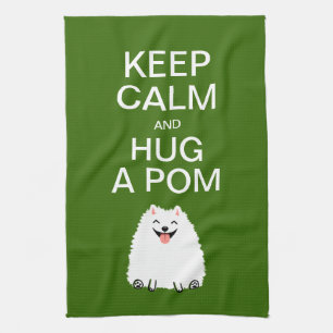 Håll lugn och krama en Pom - rolig vit Pomeranian Kökshandduk