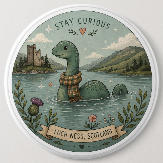 Håll Nyfiken Mysig Kryptid Nessie Loch Ness Monste Knapp (Framsida)