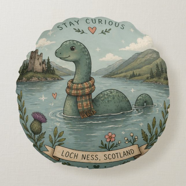 Håll Nyfiken Mysig Kryptid Nessie Loch Ness Monste Rund Kudde (Framsidan)