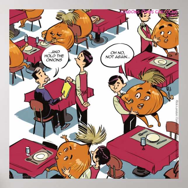 Håll Tecknaden Onions Funny Food Service Poster (Framsidan)