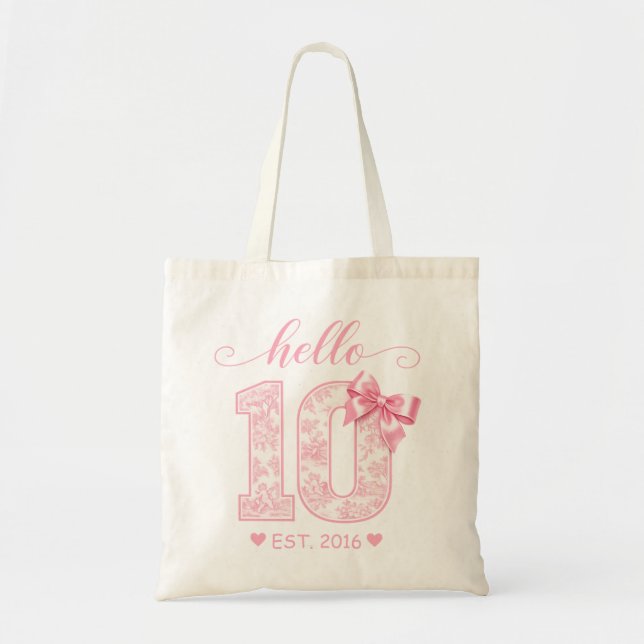 Hallå 10 Födelsedag | Rosa Hallå 10 Anpassat År Tygkasse (Framsidan)