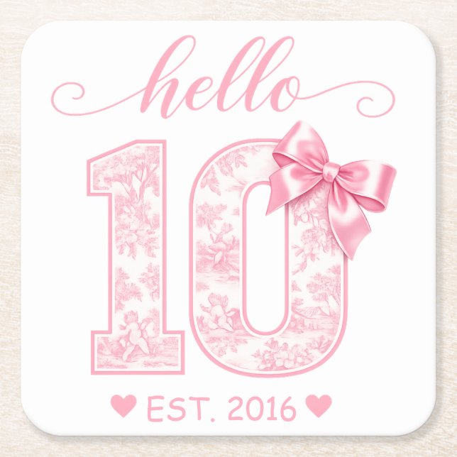 Hallå 10 Födelsedag | Rosa Hallå 10 Anpassat År Underlägg Papper Kvadrat (Framsidan)