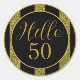 Hallå 50 Födelsedag Svart Guld Glitterränder Runt Klistermärke