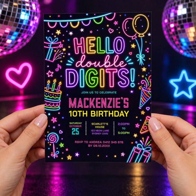 Hallå Dubbla Siffror: Neon Glow 10-årsfest Inbjudningar (Skapare uppladdad)