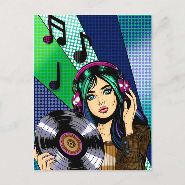 Hålla kontakten | Pop Art-flicka med skiva Vykort (Framsida)