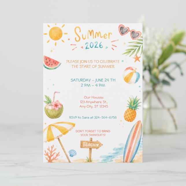 Hallå Sommar Strandfest Vattenfärg Firande Inbjudningar (Stående Fram)